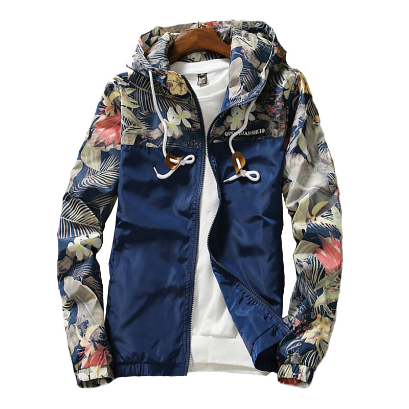 Jaket bertudung wanita, jaket Windbreaker kasual motif bunga musim semi musim gugur 2024, jaket dasar mantel ritsleting ringan untuk wanita