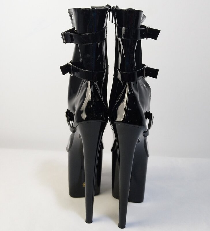Botas de cavaleiro curvadas, botas de tornozelo gladiador, mostra de palco de laca preta, botas de dança com saltos de 20cm
