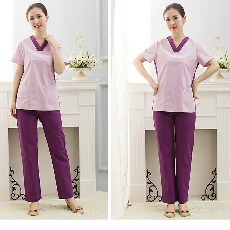 Women's Fashion Medical Scrubs Color Blocking Nursing Uniforms (Choose Scrub TOP/Pants/Whole Set) Pure Cotton Surgery Scrubs
