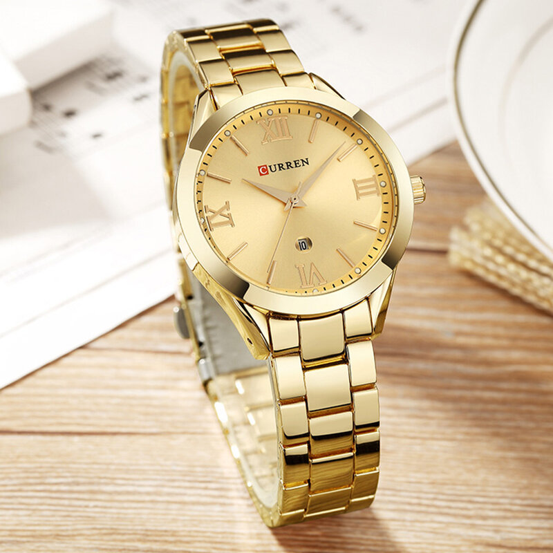 Regalos de joyería para mujeres reloj de cuarzo de acero dorado de lujo marca Curren relojes de mujer reloj de moda para damas reloj femenino 9007