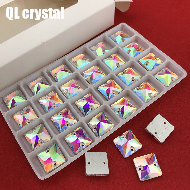 Qlcrystal Populer AB Square Menjahit Berlian Imitasi Kaca Kristal 8,10 12,14,16,22 Mm Pipih Sew-On Manik-manik Batu Gaun Kerajinan Perlengkapan
