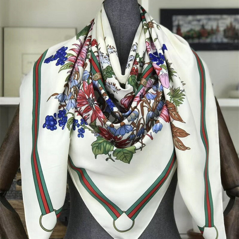 Cachecol de seda feminino, lenço quadrado grande com estampa de flor e lenço de alta qualidade 130x130