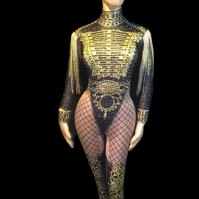 ผู้หญิงหรูหราชุดเต้นรำเวทีแสดงชุดไนท์คลับนักร้อง Jumpsuits สวมใส่ Glisten สีดำทองคริสตัล Bodysuit กับพู่