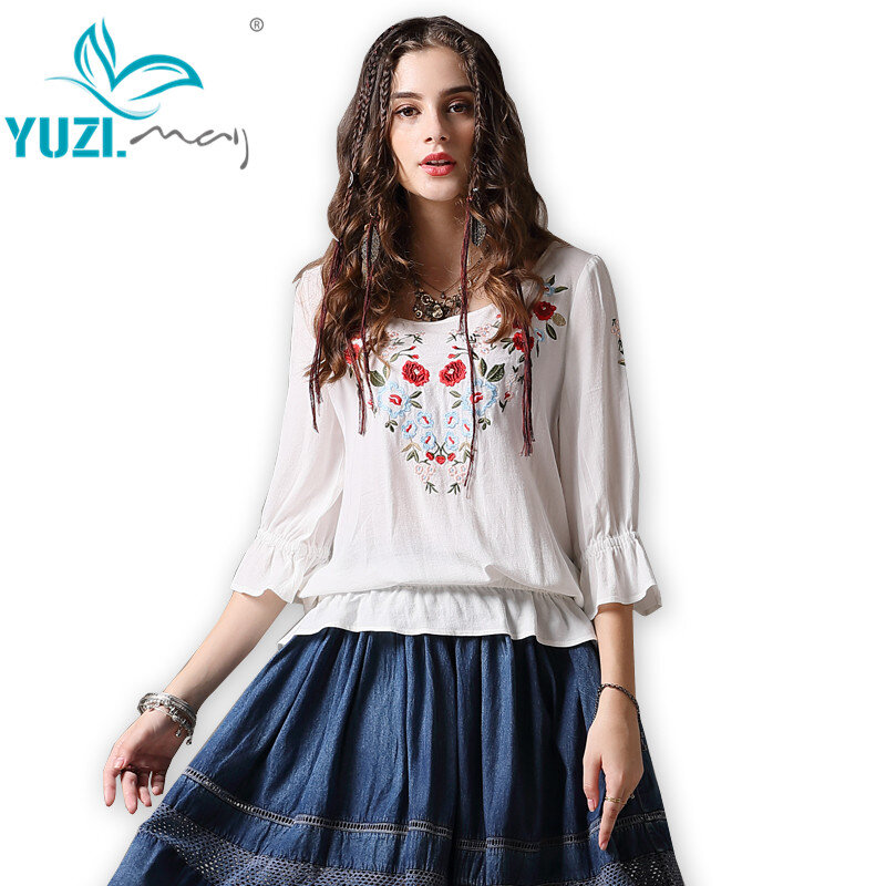 Yuzi.may-Blusa de algodón con manga acampanada y cuello redondo para mujer, camisa blanca con bordado de flores, B9260, 2018