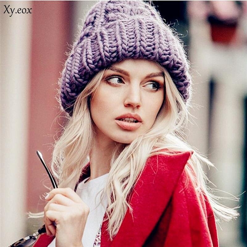 Fashion Knit hat ladies winter solid color simple thick wool hat warm earmuffs hat female cap