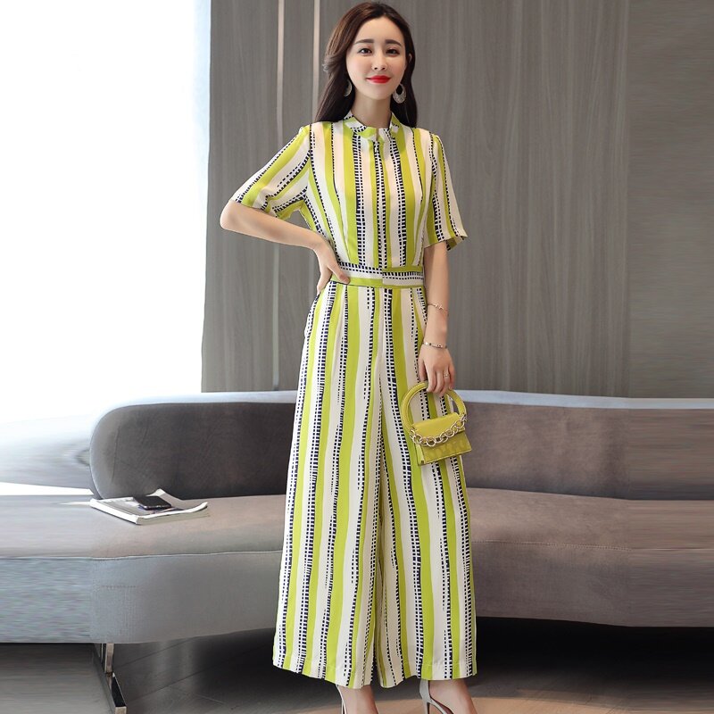 Combinaisons élégantes pour femmes, salopette coréenne d'été à manches courtes, jambe large rayée, combinaison zippée, DD2153, 2019