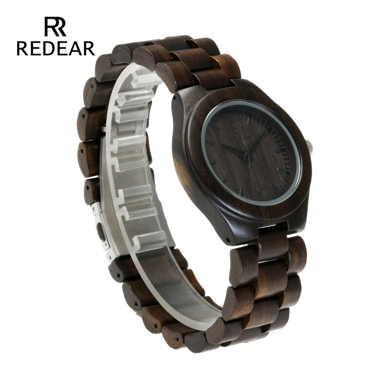 REDEAR Handmade ไม้จันทน์สีดำนาฬิกานาฬิกา Cool ธรรมชาติไม้ควอตซ์อัตโนมัตินาฬิกาของขวัญกล่อง