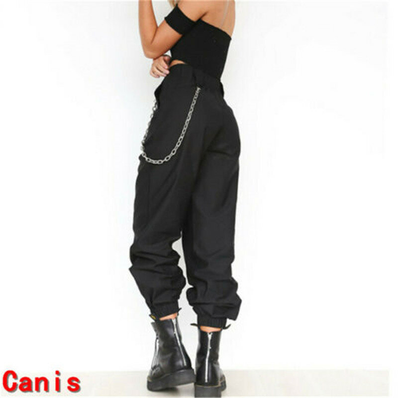 Women Casual High Waist Cargo Pants Ladies Loose Solid Trousers Side Pockets Elastic Waist