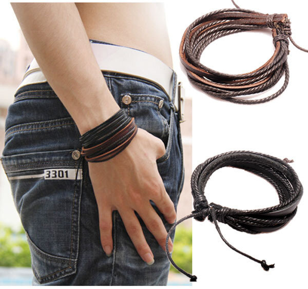 1 pc tecido monocromático pulseira de couro puro pintados à mão corda de couro pulseiras pulseira feminina e masculina com corda trançada pk043
