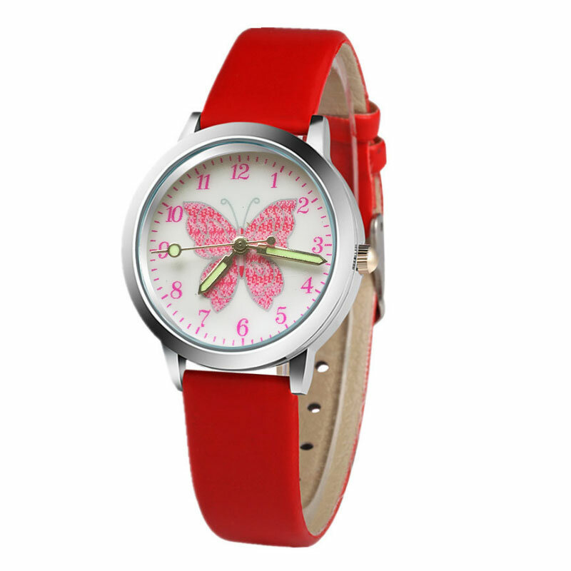 Leuke Roze Vlinder Cartoon Kind Horloge Meisje Verjaardagscadeau Klok Blauw Jongen Sport Quartz Klok Leer Horloge Relojes