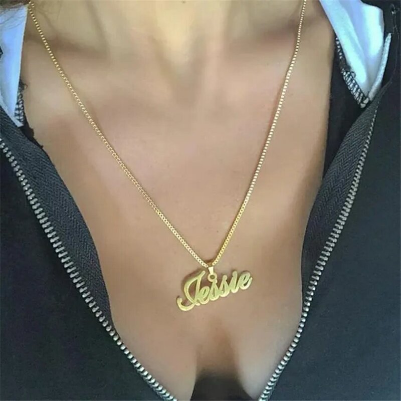 Box Kette Benutzerdefinierte Schmuck Personalisierte Name Anhänger Halskette Für Frauen Männer Handgemachte Cursive Typenschild Choker Bijoux BFF Geschenk