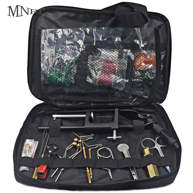 MNFT-Kit de herramientas de atado de moscas de lujo, en bolsa de paquete portátil, incluye tornillo de sujeción de mosca, soportes de bobina, alicates, apilador de pelo, accesorios de látigo