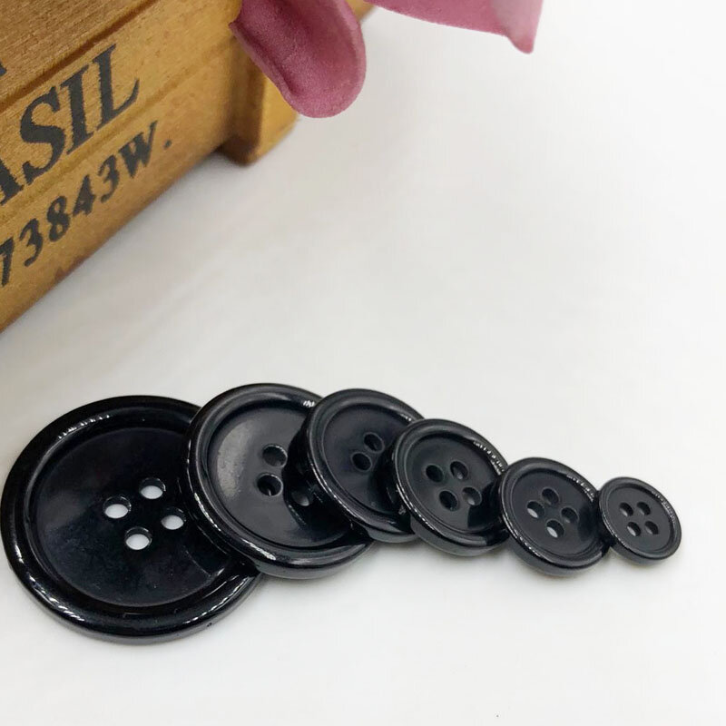 Bouton en plastique noir pour pardessus de document, 4 trous, artisanat, couture, PTbulette, 11mm, 15mm, 18mm, 20mm, 25mm, 30mm, 50 pièces