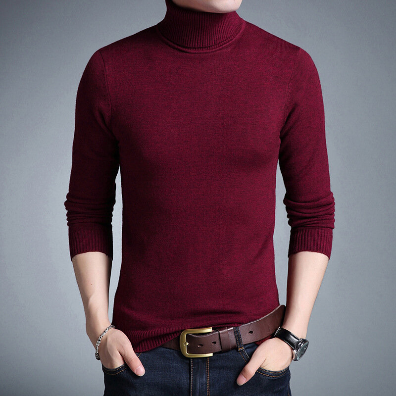 Мужской облегающий свитер, трикотажный джемпер с высоким воротником, повседневная одежда для осени, 2024