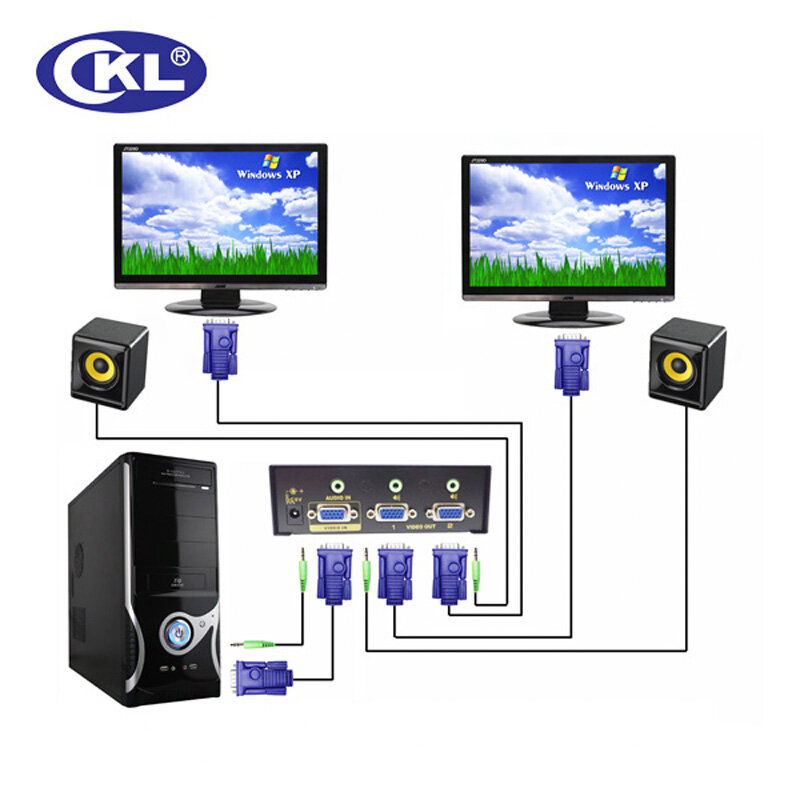CKL-102S 2 Port VGA SPLITTER dengan Audio Logam Kasus Mendukung 450 MHz 2048*1536