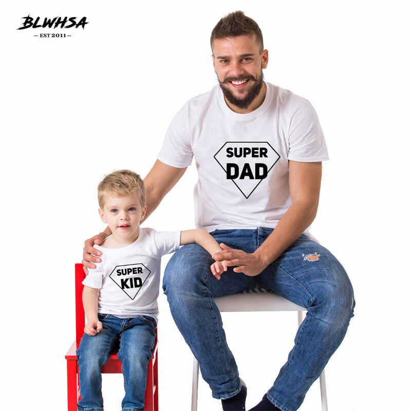 Blwhsa camiseta infantil super papai, camiseta de algodão com manga curta para verão, estampada para pais e filhos, camiseta com estampa engraçada para crianças
