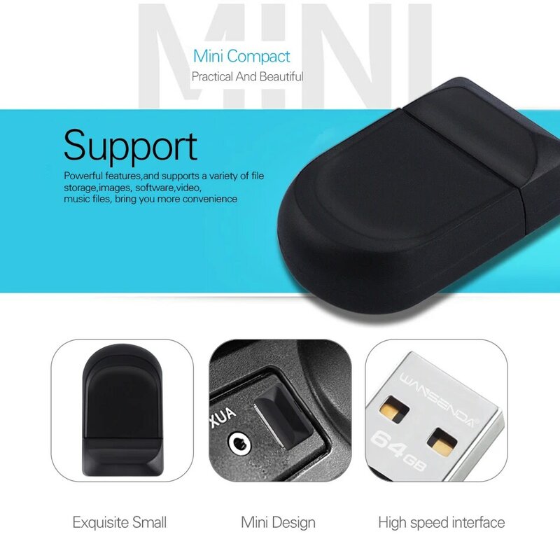WANSENDA Pendrive USB Super Mini, Flash Drive USB tahan air 64GB 32GB 16GB 8GB 4GB USB 2.0 stik memori