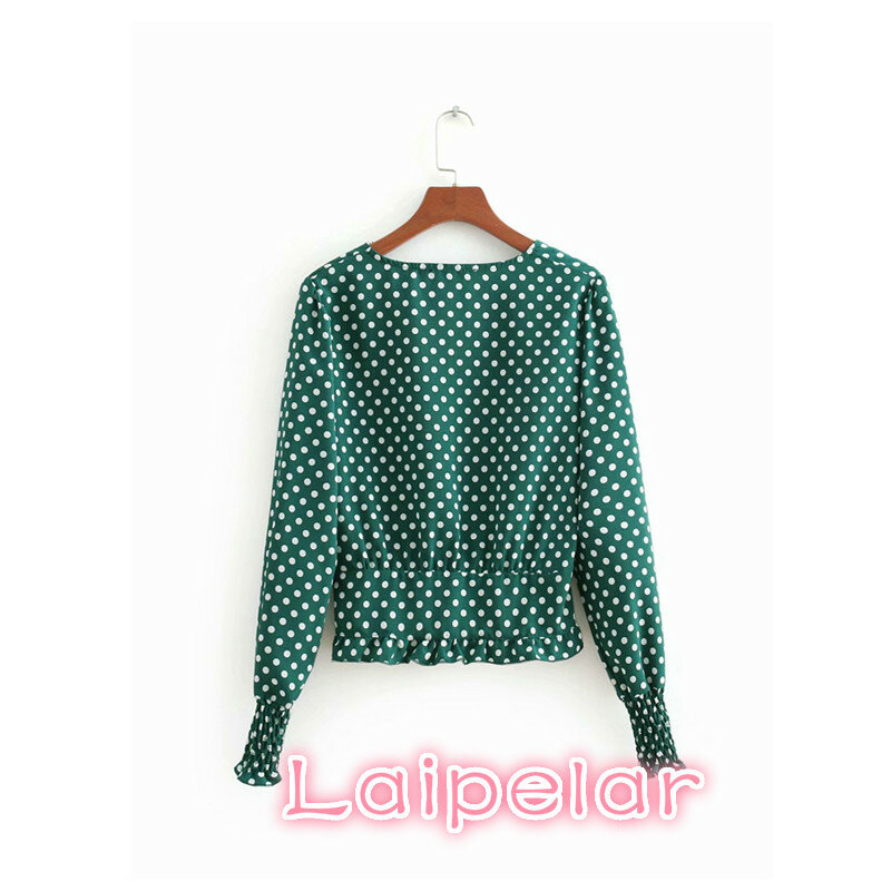 Vintage grün weiß polka dot rüschen bluse frauen shirts damen langarm crop top koreanische mode kleidung streetwear blusas