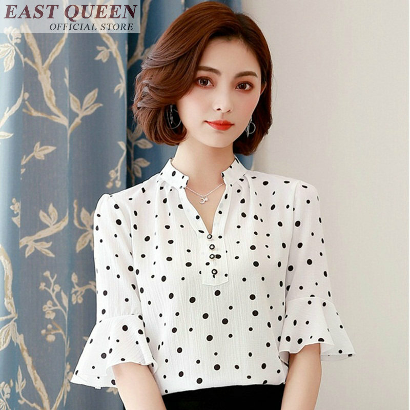 Women chiffon blouse v-neck half butterfly sleeve chiffon polka dots feminine shirts fashion summer tops for women 2018 DD639 L