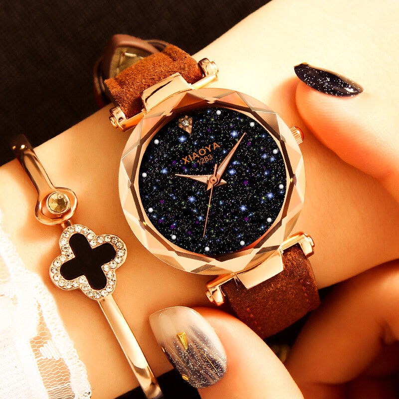 Relógio de pulso feminino de couro céu estrelado, relógio de marca de luxo, em ouro rosa, 2019
