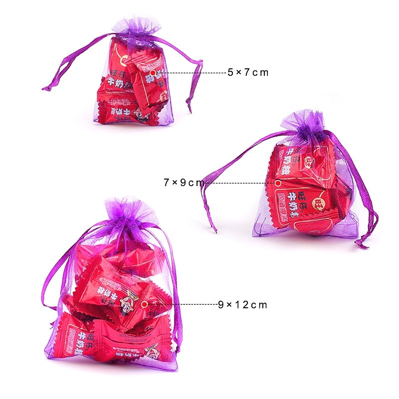 100 pz/lotto sacchetto di Organza 5*7cm,7*9cm,9x12cm sacchetto di caramelle con coulisse per matrimonio di natale sacchetti regalo espositore per imballaggio di gioielli