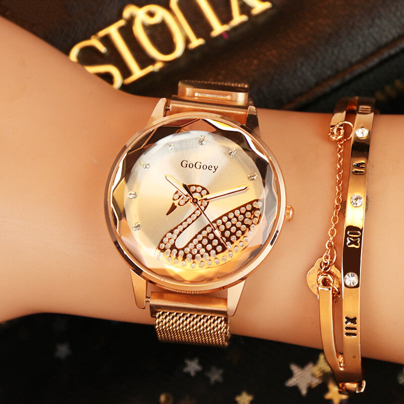 Mulheres de luxo Relógios de Quartzo Venda Quente De Malha Magnética Novo Strass Tendências Da Moda Subiu Senhoras relógio de Ouro Pulseira de Presente Relogio feminino