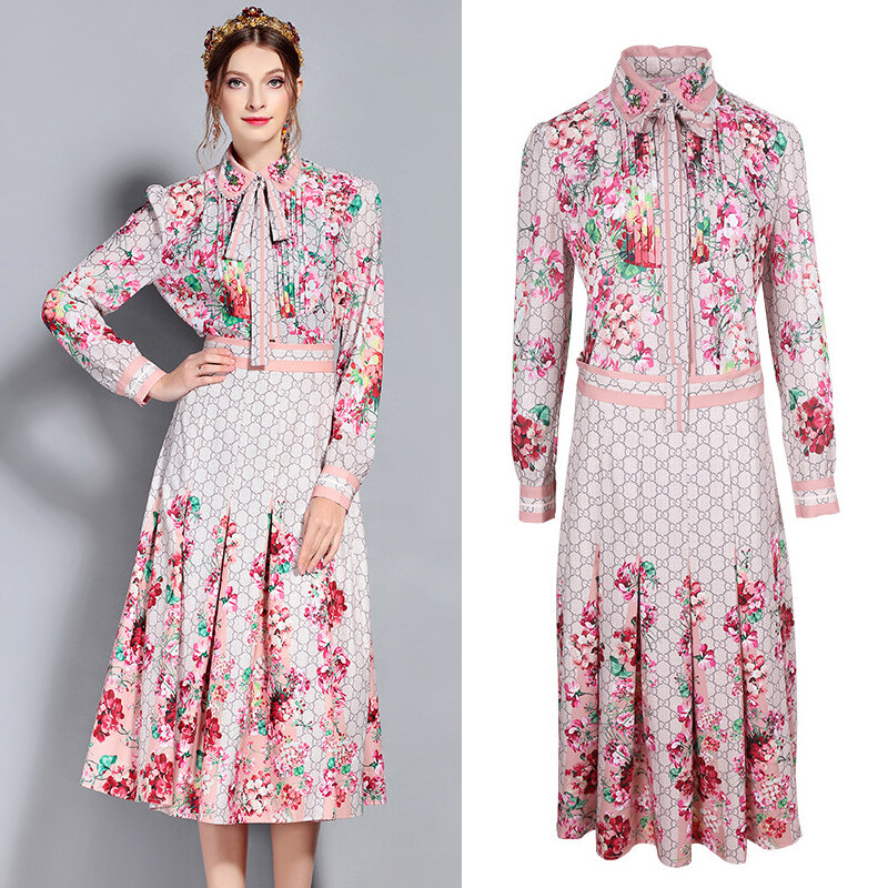 S-3XL high quality 2019 brand new fashion printing handmade beaded long-sleeved Slim temperament bow women's suit dres