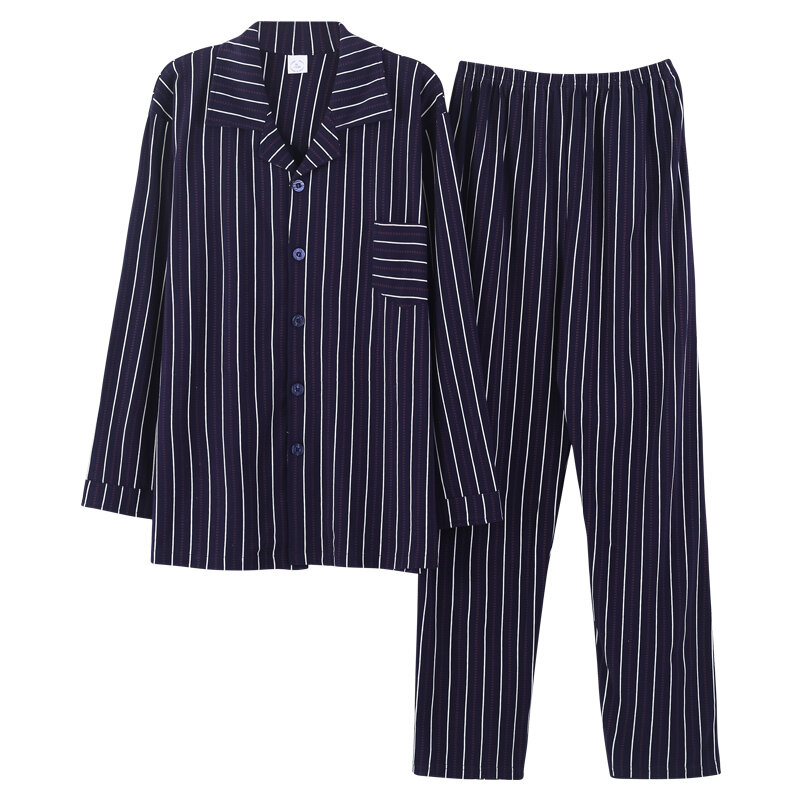 Пижама Мужская на весну и осень, мужская пижама, Хлопковая полосатая пижама с длинным рукавом, одежда для сна, повседневный мужской пижамный комплект, большие размеры