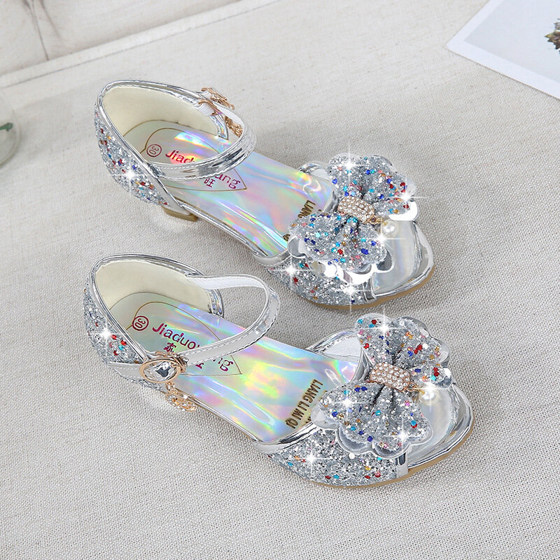 Princesa sandálias com lantejoulas para meninas, sapatos de festa, saltos altos, dedo do pé aberto, verão, csh813