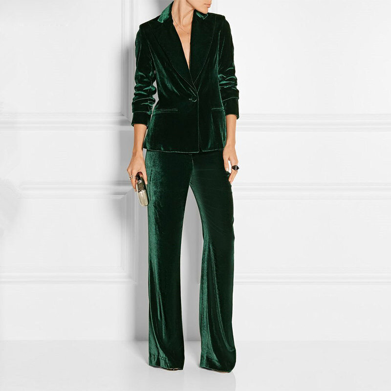 Formal Slim Fit Women's Business Work Wear 2 Pieces Suits Dark Green Velvet Office Ladies Fashion Stylish Suits Jacket Pants Set