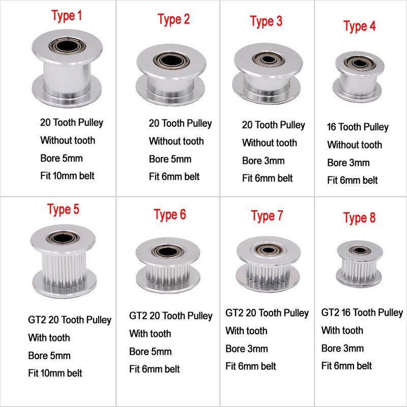 GT2 Idler Timing Pulley 16-tooth 20-Teeth with 3mm or 5mm Bore with Bearings for 3D Printer Parts Timing Belt 6mm 10mm