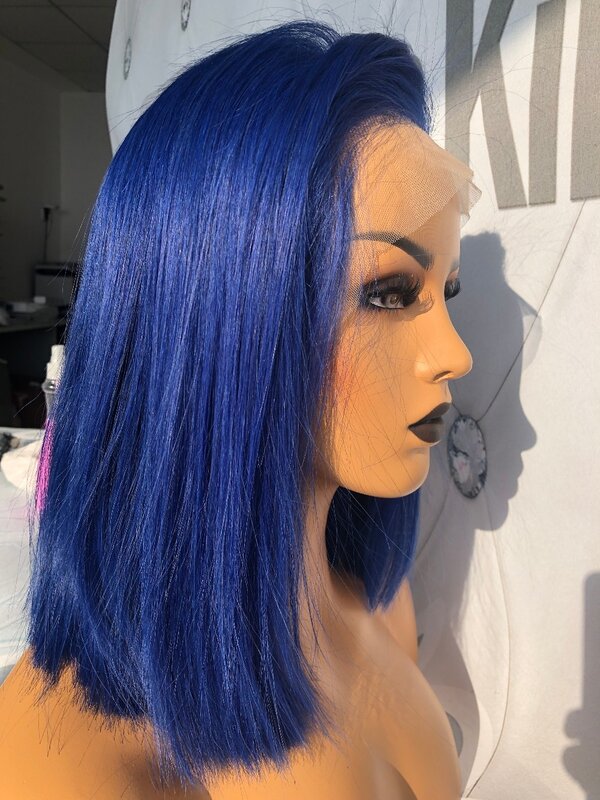 Queenking Hair 250% Density Blue Color Short Human Hair Bob Wigs Lace Front with Natural plucked hairline Brazilian Remy Hair