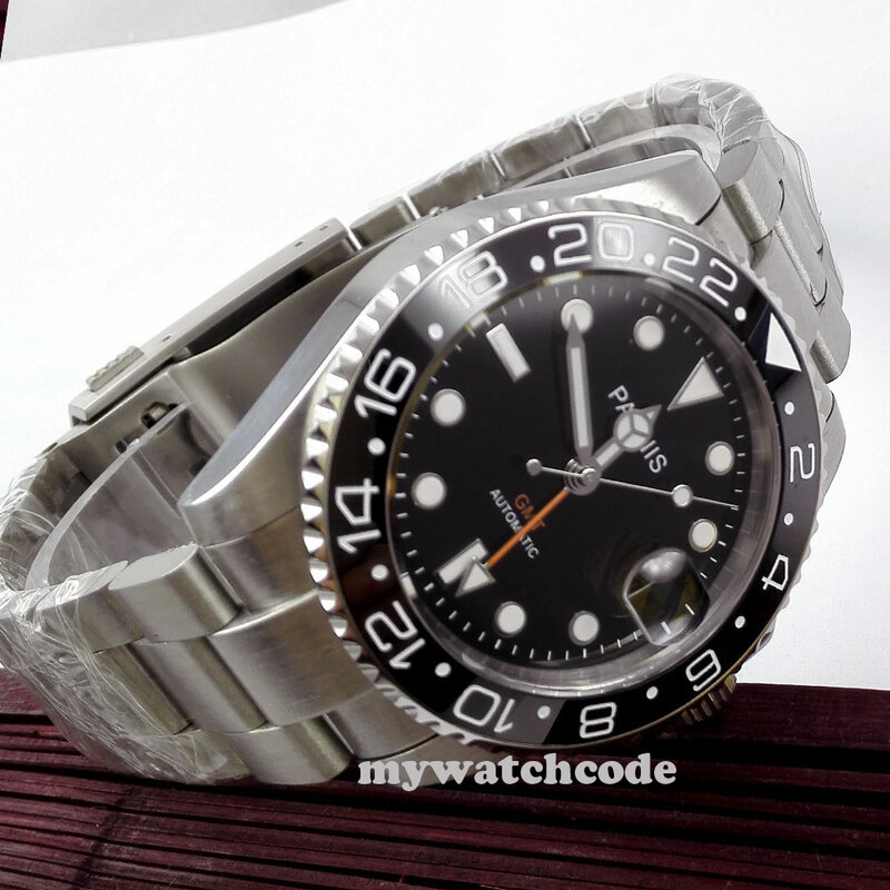 Parnis relógio preto luminoso masculino, mostrador preto 40mm, vidro safira automático, pulseira sólida na cor preta