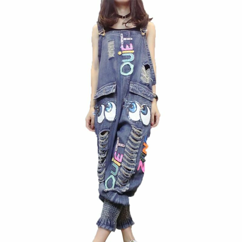 Vrouwen Denim Jumpsuit 2019 Dames Losse Jeans Rompertjes Vrouwelijke Harajuku Toevallige Gat Denim Overall Playsuit Met Pocket Plus Size