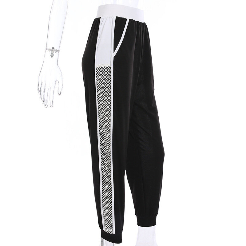 Casual negro holgado pantalones de chándal mujer suelta de algodón lado rayado de alta cintura Pantalones de mujer Pantalon mujer Streetwear 2019