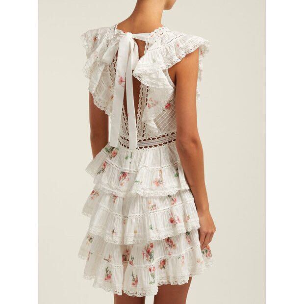 High Quality 2019 Runway Summer women Backless bow Mini Cake Dress flowers Print sleeveless Ruffles party Dress vestidos