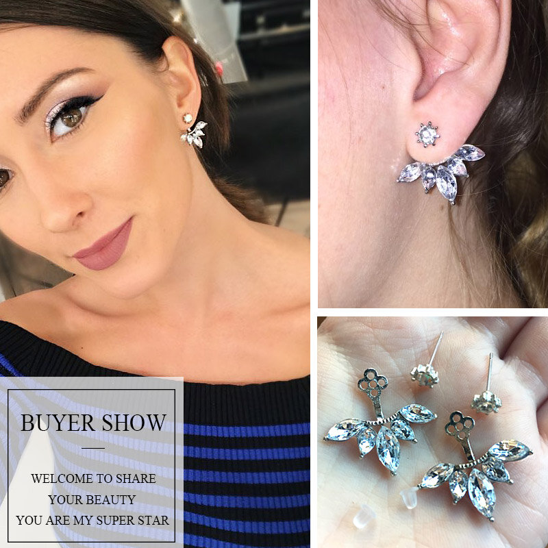 USTAR Leaf Crystals Stud Earrings for Women Silver color Double Sided Fashion Jewelry Earrings female Oorbellen hanging kolczyki