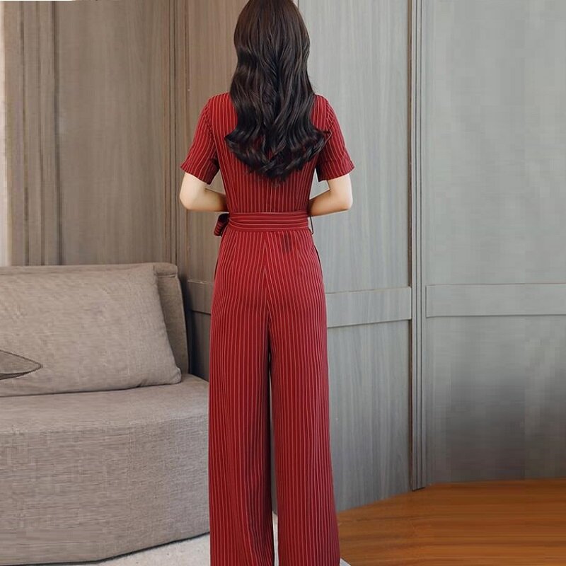 Summer Striped Jumpsuit 2019 Short Sleeve Wide Leg Pants Lape Ladies Office Business Elegant Jumpsuits For Women 2019 DD2151