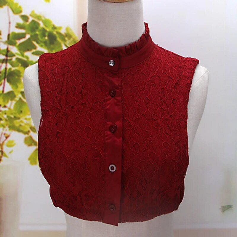 Collar falso para mujer, chaleco desmontable, blusa con soporte falso, camisa hueca de encaje, suéter falso rojo vino