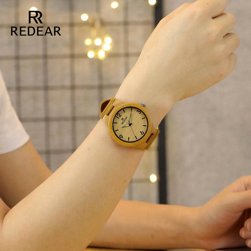 REDEAR amante Relógios Clássicos Relógios Com Luz Noturna Ponteiro Couro Real De Madeira De Bambu para as mulheres Unisex na Caixa de Presente