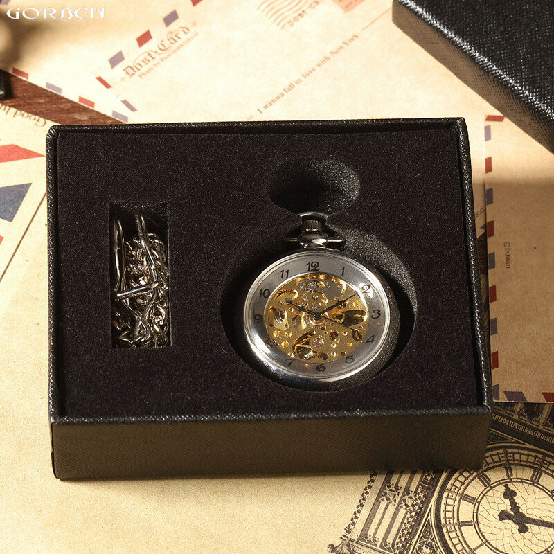 Reloj de bolsillo mecánico Steampunk de esqueleto de lujo para hombre con cadena FOB, reloj de Metal de acero liso, relojes colgantes de Doctor de viento a mano