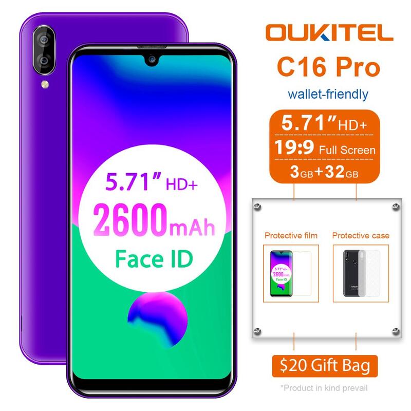 Oukitel c16 프로 5.71hd + 물방울 화면 4g 스마트 폰 mt6761p 쿼드 코어 3 기가 바이트 32 기가 바이트 안드로이드 9.0 파이 얼굴 id 휴대 전화
