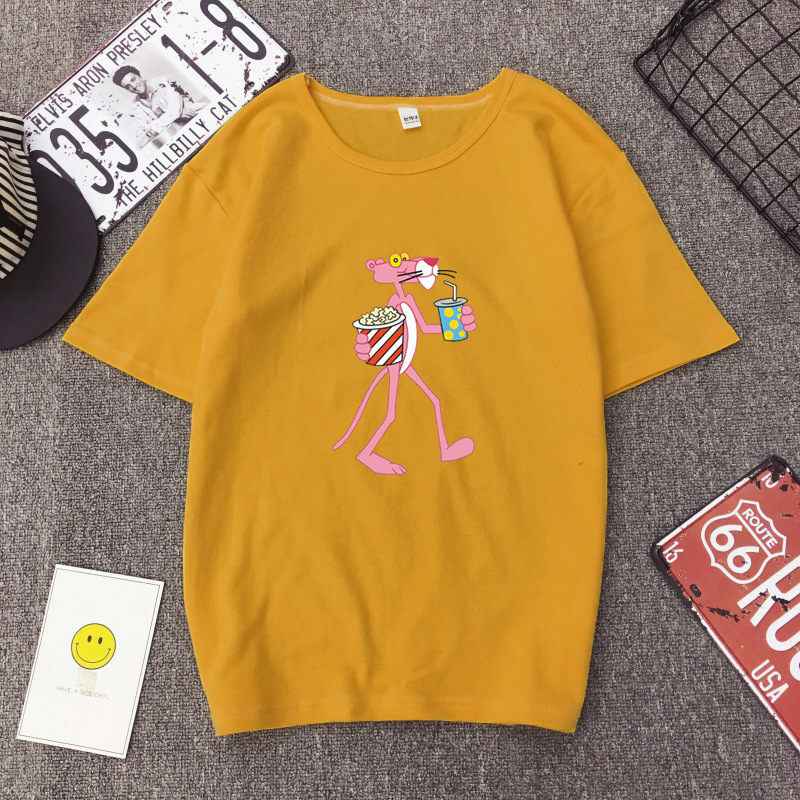 Linda camiseta de Mujer Pantera Rosa de dibujos animados Primavera Verano nueva manga corta cuello redondo de algodón Spandex camiseta mujer suelta camisetas