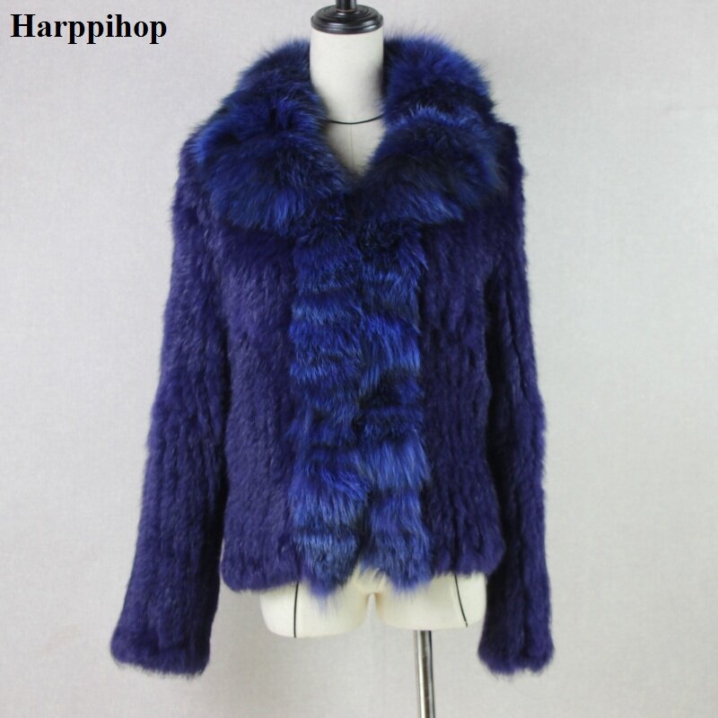 Casaco de pele de coelho real em malha, jaqueta com gola de pele de raposa, casaco grosso e genuíno de inverno para mulheres c17