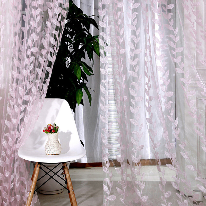 Door Window Scarf Sheer Leaves Printed Curtain Drape Panel Tulle Voile Valances Curtains For Living Room
