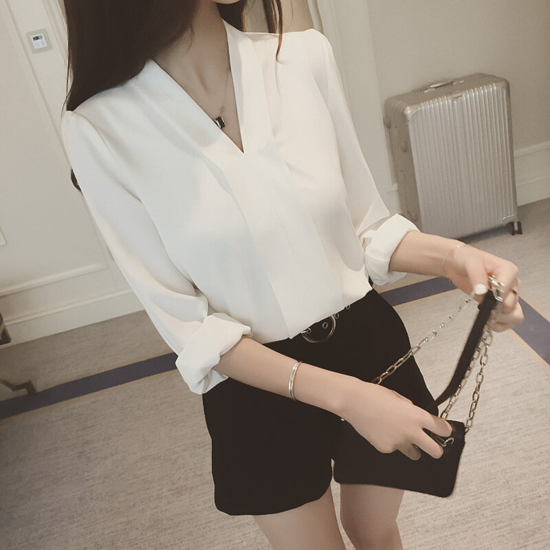 Spring Autumn Chiffon Shirt Office Ladies New Thin V-collar Solid Color Blouse Women Long-sleeved Casual Bottom Shirt Top H9133
