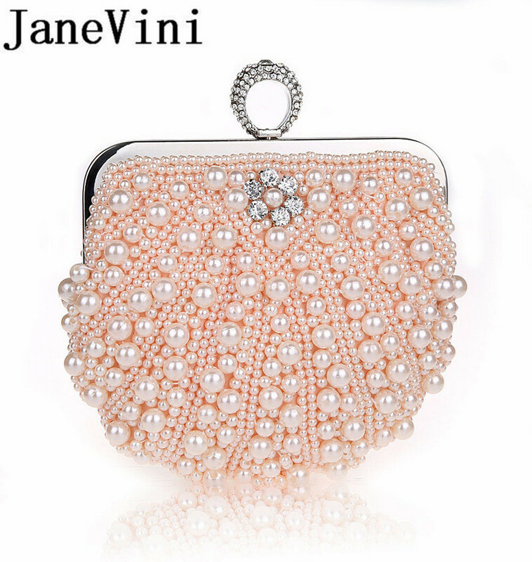 JaneVini 2019 New Style Shell Bag donna perle borse da sera pochette da festa in cristallo lucido avorio con portafogli a catena