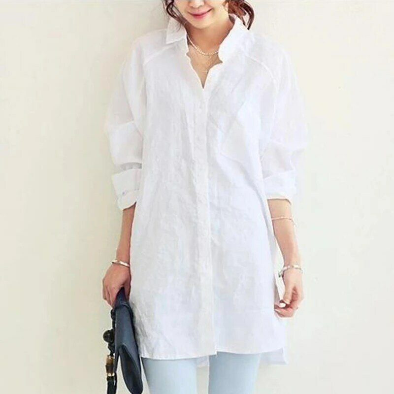 Blusa holgada informal de lino para mujer, camisa de manga larga para oficina, color blanco, AB1332, primavera y otoño, 2019