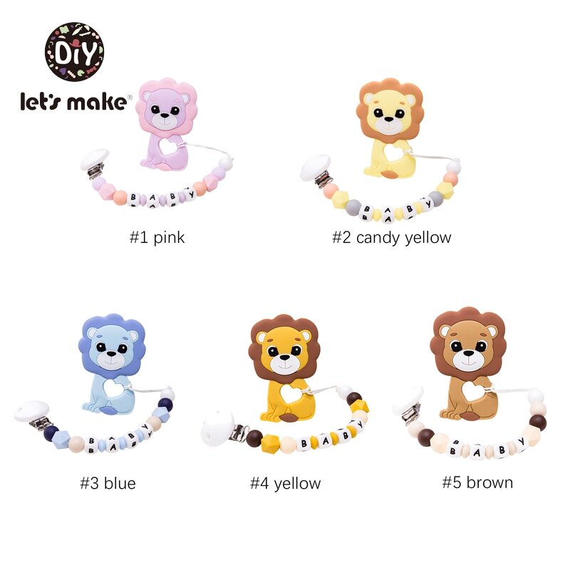 Let's Make-Clips de chupete para bebé, juguete de silicona con letras de animales de León, regalo personalizado, sin BPA, soporte para pezones, 4 a 6 meses, 1 unidad