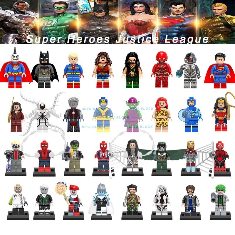 Vente unique Justice ligue film Super héros Batman Wonderwoman Aquaman Cyborg Superman poupée Legoelys Avengers blocs de construction